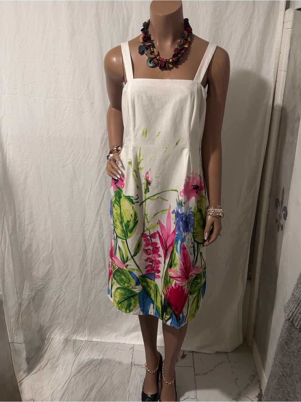 Kim Rogers White Floral Swim Cover-Up Dress with Pink, Green & Blue Accents☑️ - Picture 7 of 7